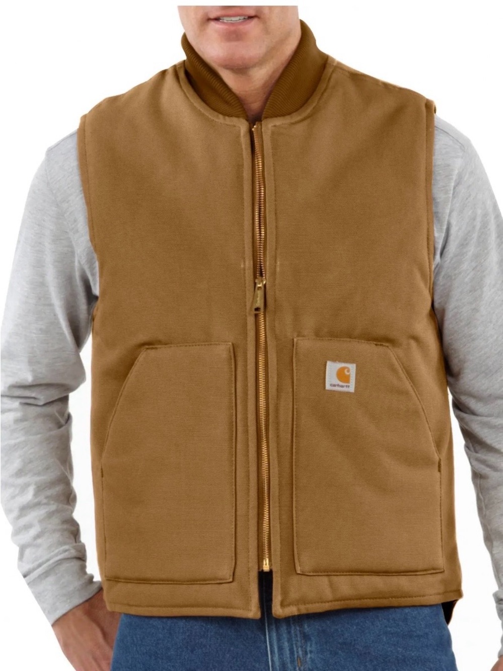 Carhartt Brown Duck Work Vest with Rib Knit Collar
